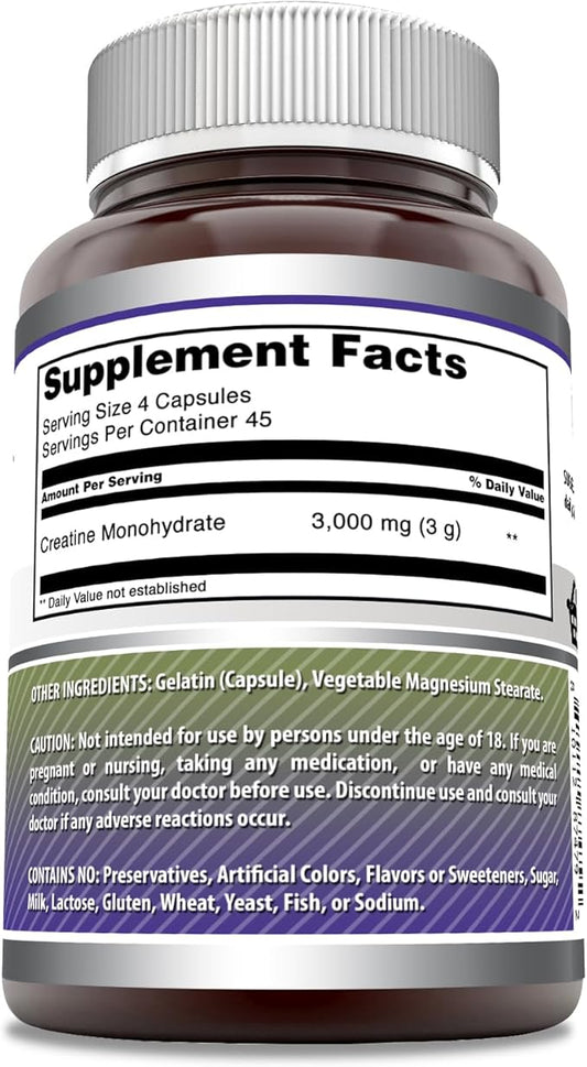Amazing Formulas Creatine Monohydrate Supplement | 3000 Mg per Serving | 180 Capsules | Non-GMO | Gluten-Free | Made in USA