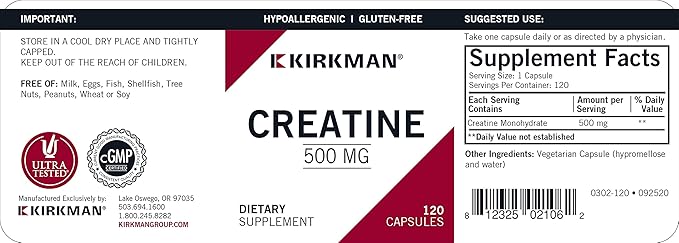 Kirkman Creatine 500 mg - Hypoallergenic | 120 Vegetarian Capsules | Amino Acid