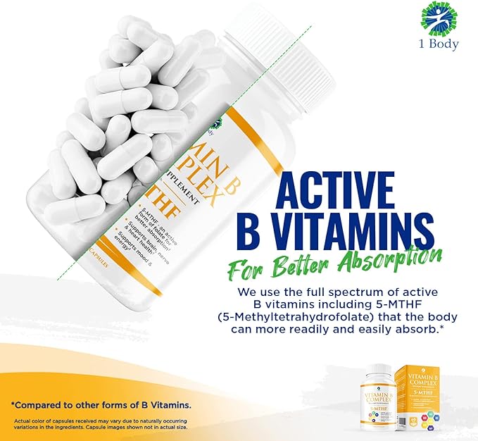 1 Body Vitamin B Complex – 5-MTHF Folate B1, B2, B2, B5, B5, B6, B6, Methyl B12, Niacin,