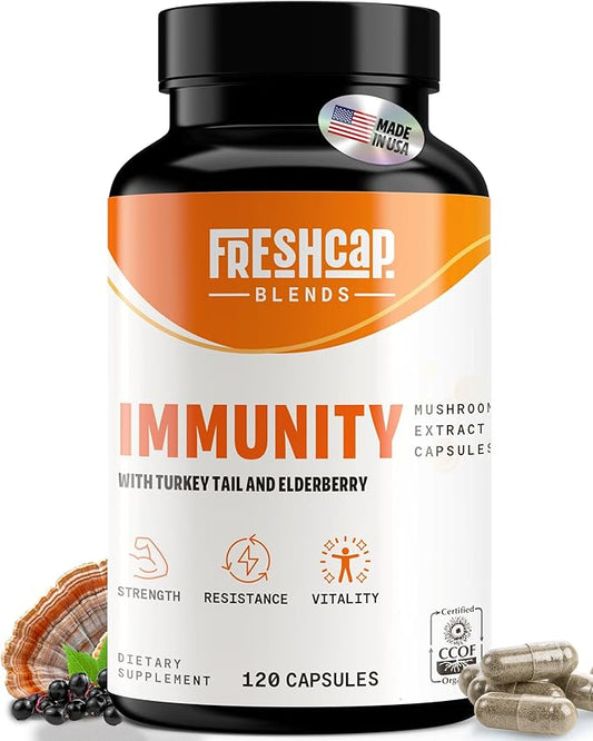 FreshCap Immunity Immune Support Supplement, Immune Boosters for Adults, Immunity Boost Supplement, Elderberry Vitamin C and Zinc, Turkey Tail Mushroom Supplement Capsules, Ayurveda (120 Capsules)