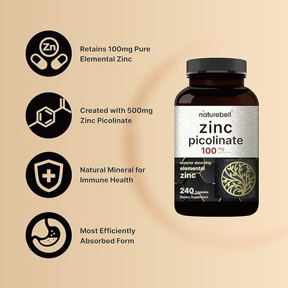 NatureBell High Potency Zinc Picolinate 100mg - 240 Capsules, Bioavailable Form of Zinc for Immune Support and Skin Health - Non-GMO and Gluten- Zinc Supplements