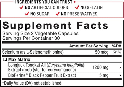 Force Factor Longjack Tongkat Ali Max for Men, Male Stamina and Vitality Supplement Made with Tongkat Ali Extract and Key Natural Ingredients for Superior Absorption, 1200mg, 60 Capsules