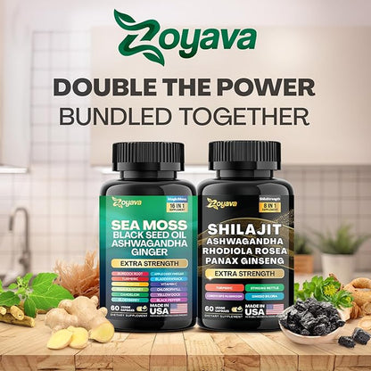 Zoyava Dynamic Vitality Bundle, Sea Moss 7000mg, Black 4000mg, Ashwagandha 2000mg, Ginger 9000mg, Rhodiola 1000mg, Panax (60 Count)