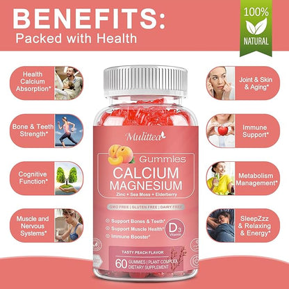 1200mg Calcium Gummies with D3,K2,Zinc - Plant Complex Calcium Magnesium Supplement with Glycinate,Potassium,Vitamin C &Whole Natural Food for Bone & Immune Support- 60 Chewable Gummy Sugar-Free