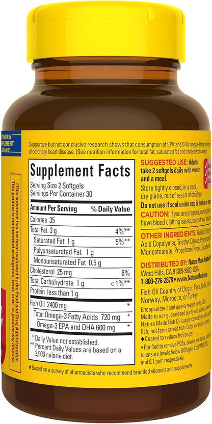 Nature Made Burp Less Fish Oil 1200 mg, 3 Fish 3 Supplement 60 Softgels, 30 Day