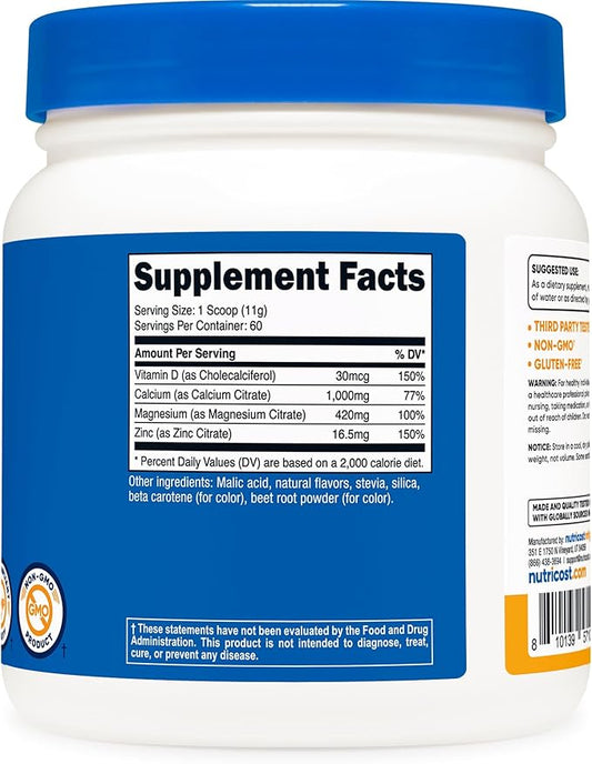 Nutricost Calcium Magnesium Zinc with Vitamin D3 Powder, 60 Servings (1000 MG) (420 MG) (16.5 MG) D3 (30 (30 MCG)