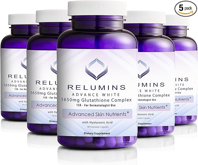 Relumins 1650mg Reduced Glutathione Complex 90 Veggie 5 Bottles