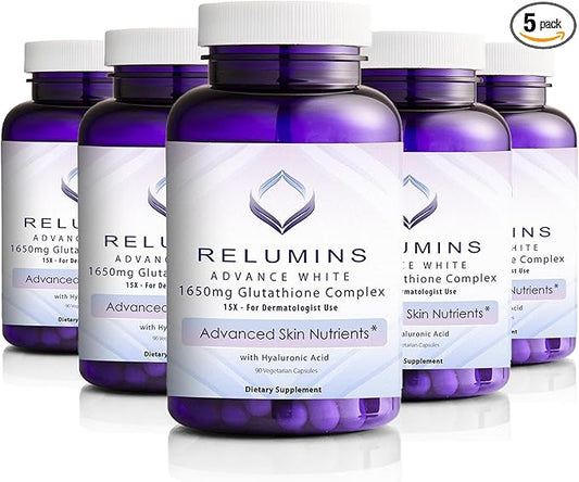 Relumins 1650mg Reduced Glutathione Complex 90 Veggie 5 Bottles