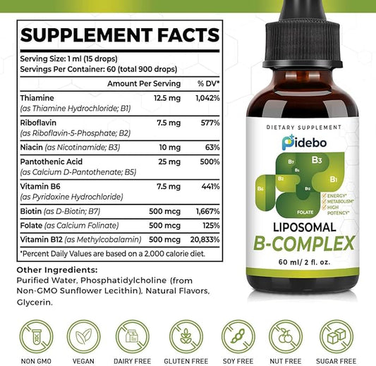 Liposomal B Complex with Active Forms of B Vitamins- High Potency Vitamin B Complex Liquid Vitamins for Energy and Metabolism Support-B1, B2, B3, b5, B6, Biotin, Folate, Methylated B12-4.0 oz