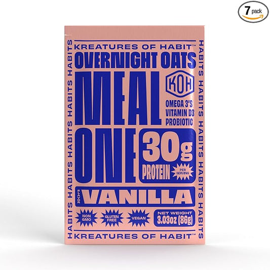 Kreatures of Habit Meal One | Overnight & Instant Superfood Protein Meal Replacement | Gluten Free, Dairy Free, 30g of Plant Based Protein, With No Added Sugar | Vanilla | Pack of 7