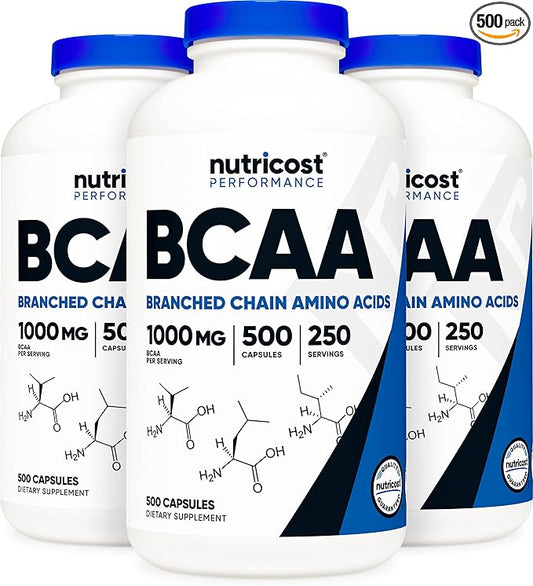 Nutricost BCAA Capsules 2:1:1 500mg, 500 Caps (3 Bottles)