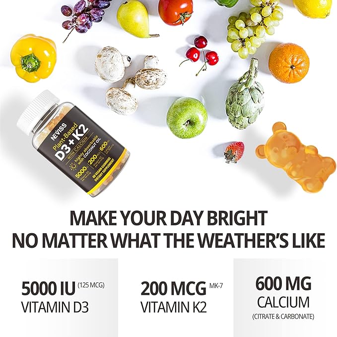 Vitamin D3 5000iu & K2( as MK7 ) 200mcg Gummies 600mg Calcium, D3 K2 K2 Supplement 2Packs