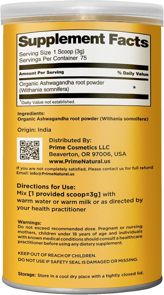 PRIME NATURAL Organic Ashwagandha Root Powder 8oz