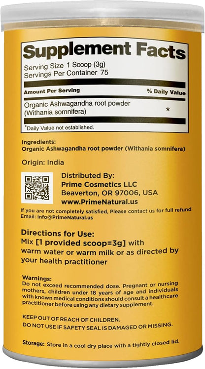 PRIME NATURAL Organic Ashwagandha Root Powder 8oz