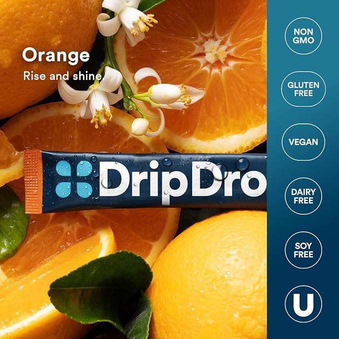 DripDrop Hydration - Orange - Electrolyte Drink Mix Single Serve Powder Packets | Non-GMO, Gluten Free, Vegan | 32 Sticks