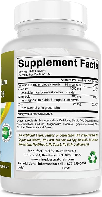 Best Naturals Calcium Magnesium Zinc D3, 150 150 Tablets 1000 mg, 400 mg, 25 mg D3 600 600 IU (3 Tablets)