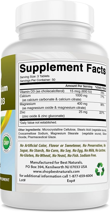 Best Naturals Calcium Magnesium Zinc D3, 150 150 Tablets 1000 mg, 400 mg, 25 mg D3 600 600 IU (3 Tablets)