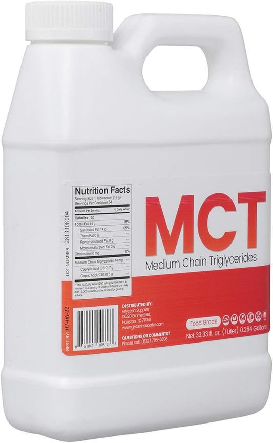 MCT Oil - 1 Liter (33.33 Oz.) Food Grade - Non GMO - Halal - Vegan - Sustainable Palm Derived - for Tinctures, Sports Nutrition, Keto or Paleo Diet, Clean Energy