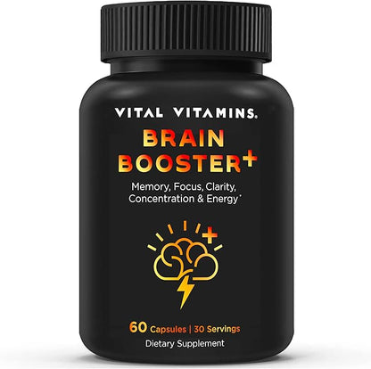 Vital Vitamins Brain Supplements for Memory & Focus - Brain Booster Plus Lion's Mane - Nootropic Brain Health - Memory, Clarity, Energy, Brain Fog - 60 Ct