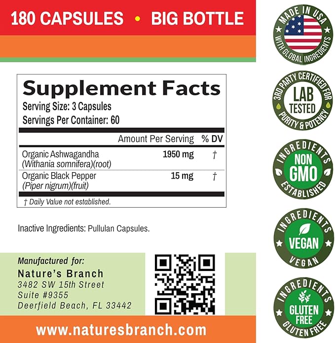 UDAF Certified Organic Ashwagandha with Black Pepper 180 Capsules 1965mg Extra
