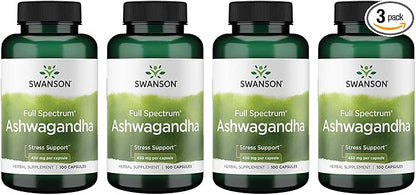 Swanson Ashwagandha Powder Supplement-Ashwagandha Root Supplement (100 Capsules, 450mg Each) 4 Pack