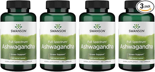 Swanson Ashwagandha Powder Supplement-Ashwagandha Root Supplement (100 Capsules, 450mg Each) 4 Pack