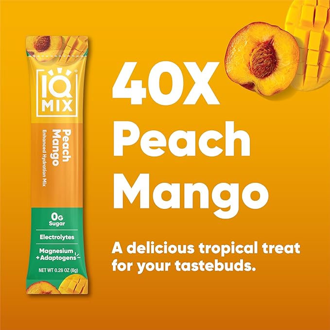IQMIX Sugar Free Electrolytes Powder Packets - Hydration Supplement Drink Mix with Keto Electrolytes, Lions Mane, Magnesium L-Threonate, and Potassium Citrate - Peach Mango (40 Count)