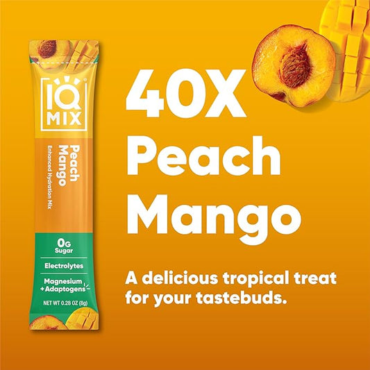 IQMIX Sugar Free Electrolytes Powder Packets - Hydration Supplement Drink Mix with Keto Electrolytes, Lions Mane, Magnesium L-Threonate, and Potassium Citrate - Peach Mango (40 Count)