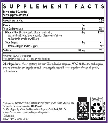 New Chapter Organic Fiber Gummies for Adults, up to 8g Plant-Based Prebiotic Fiber for Digestive Health, Vegan, Non-GMO, USDA Organic, Gluten Free, Citrus-Berry Flavored, 60 ct