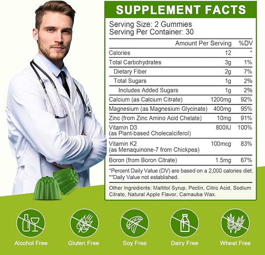 Calcium Citrate 1200mg with Vitamin D3 Supplement for Women and Men - Chewable Calcium Magnesium Zinc D3 K2 Gummies Supplement for Bone, Teeth, Immune Support, Apple Flavor - 60 Gummies