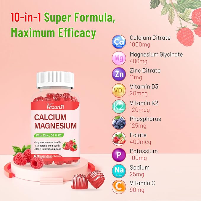 Calcium Magnesium Zinc Gummies with Vitamin D3 & K2, High 120 Gummies…