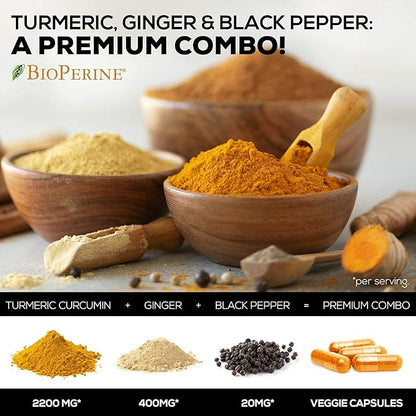 Turmeric Curcumin with BioPerine & Ginger 95% Curcuminoids 2600mg - 60 Capsules