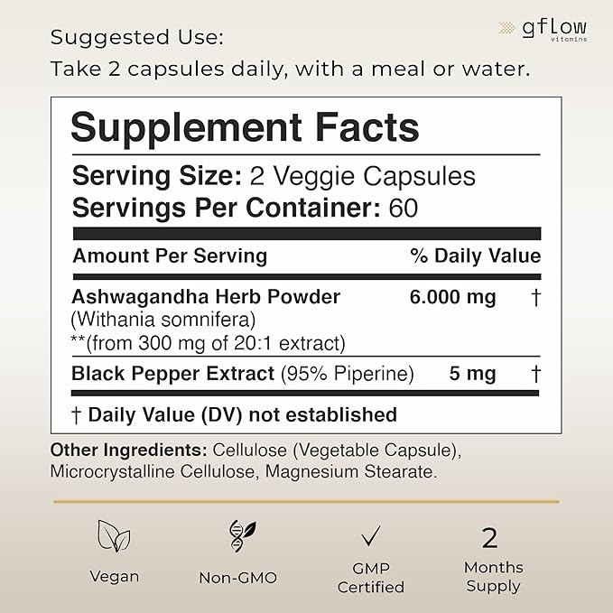 Ashwagandha Supplements - ashwagandha Powder Capsules Extra Strength 6000mg with Black Pepper | Mood Support, Focus, Energy Support | Vegan Friendly, Non-GMO, USA Made