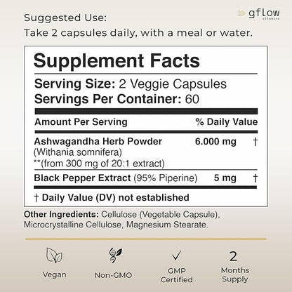 Ashwagandha Supplements - ashwagandha Powder Capsules Extra Strength 6000mg with Black Pepper | Mood Support, Focus, Energy Support | Vegan Friendly, Non-GMO, USA Made