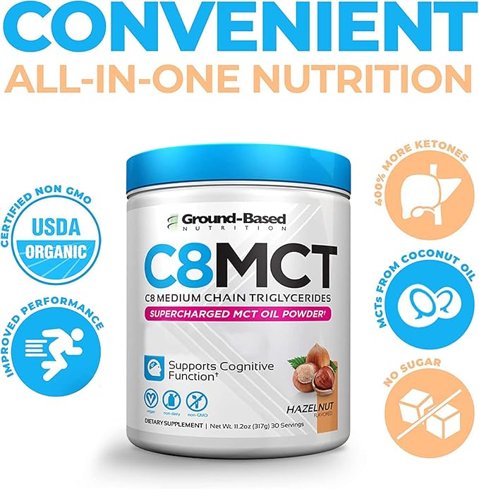 Ground-Based Nutrition C8 MCT Oil Powder – Supercharged Medium Chain Triglycerides MCT Oil Powder – Vegan-Friendly, Non-GMO Powdered C8 MCT Oil, Ketogenic MCT Coffee Creamer, No Stevia (Hazelnut)