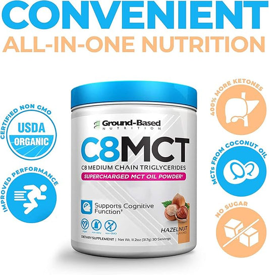 Ground-Based Nutrition C8 MCT Oil Powder – Supercharged Medium Chain Triglycerides MCT Oil Powder – Vegan-Friendly, Non-GMO Powdered C8 MCT Oil, Ketogenic MCT Coffee Creamer, No Stevia (Hazelnut)
