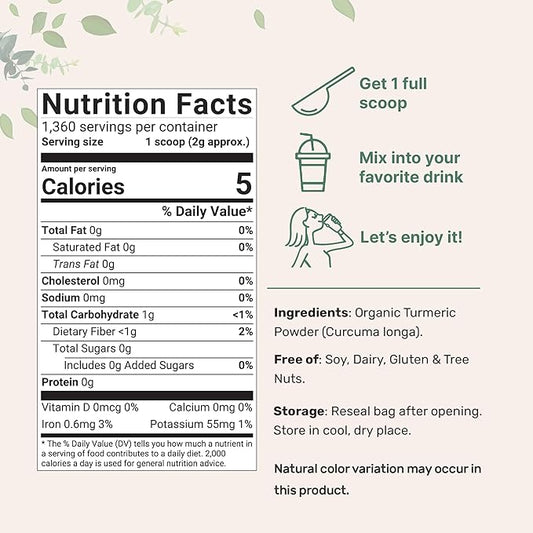 Organic Turmeric Powder, 5 Pounds | Rich in Active Curcumin | Pure Turmeric Supplement | Antioxidant Support for Joint & Immune Health | Non-GMO, Vegan Friendly, India Origin