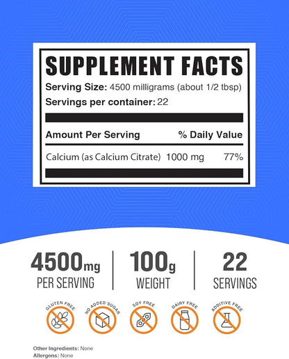 BulkSupplements.com Calcium Citrate Powder - Calcium Citrate Supplement, Calcium Citrate 1000mg - Gluten Free, 4500mg (1000mg Calcium) per Serving, 100g (3.5 oz) (Pack of 1)