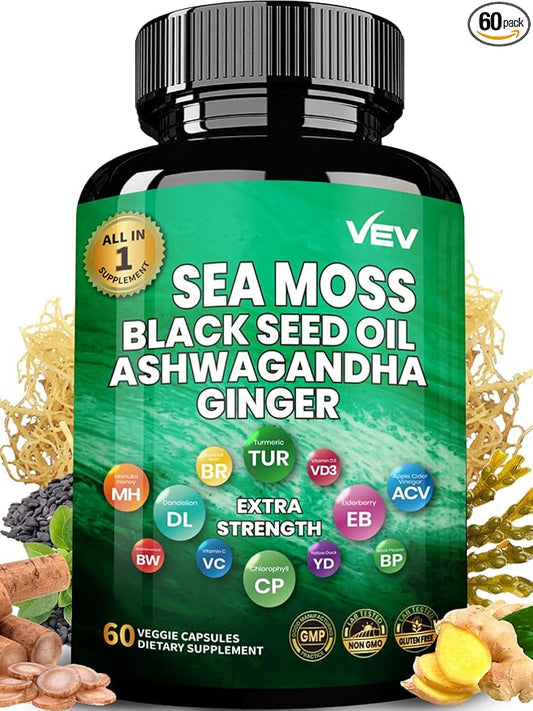 VEV Irish Sea Moss, Ashwagandha, Burdock, Black Seed Oil, Multi Minerals - 60Capsules