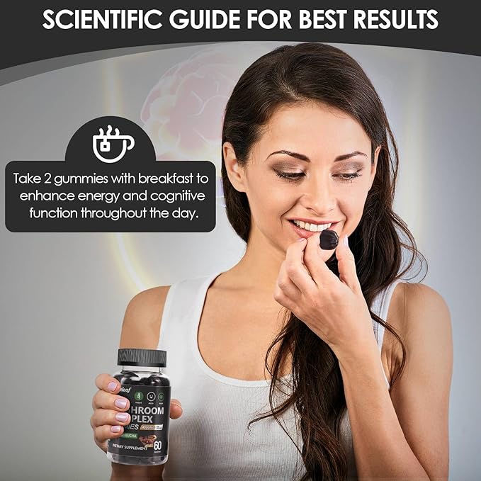 9 in 1 Mushroom Gummies with Lion's Mane for Focus and Energy Supplement to Support Immune System De-Stress Boost Mood & Energy 60 Count Kombucha Flavor