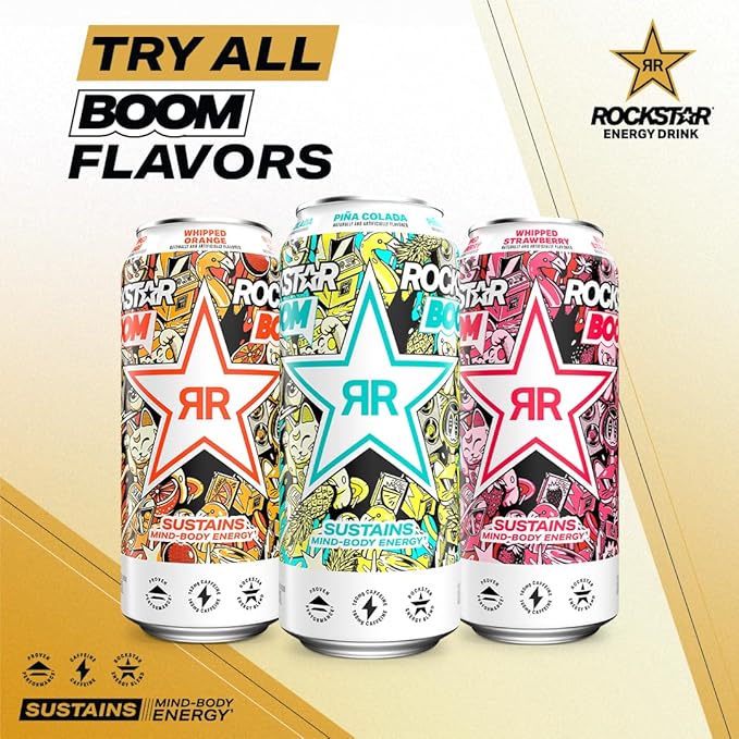 Rockstar, Boom Energy Drink with Caffeine and Taurine Packaging May Vary, Whipped Strawberry, 16 Fl Oz (Pack of 12)