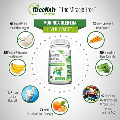 Pure Moringa Oleifera Leaf Extract Veggie Capsules 1000 mg. Natural Herbal Supplement. Energy, Mood, Memory and Focus Support. Premium Green Superfood (3 Bottles)