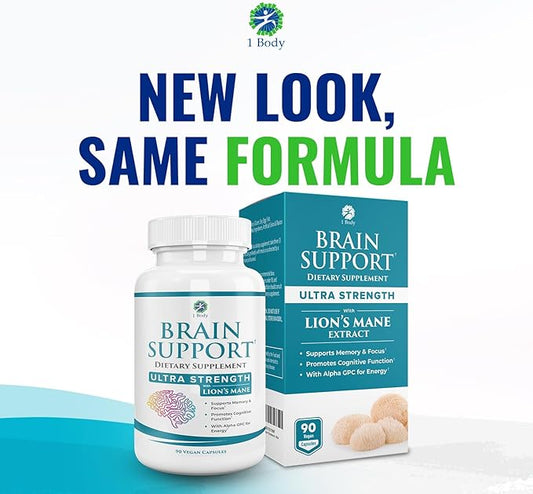 1 Body Brain Supplement Capsules with Lions Mane for Memory and Focus - Nootropics, Alpha GPC, Bacopa Monnieri