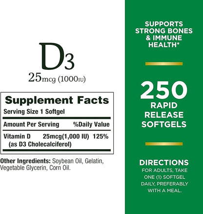 Nature's Bounty Vitamin D3 1000 IU, 250 Rapid