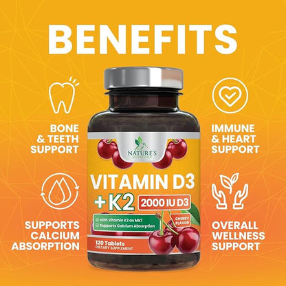 Vitamin D3 K2 as MK-7 2000iu of D3 & 75mcg K2, K2, Vitamin K2 D3 D3 Bone 120 Chewable