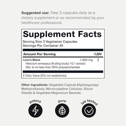 Toniiq 18,000mg 10x Concentrated Ultra High Strength Extract - Made with Lions Mane Mushroom - 30% Polysaccharides - Highly Concentrated and Bioavailable - 120 Veggie Capsules