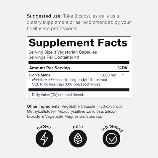 Toniiq 18,000mg 10x Concentrated Ultra High Strength Extract - Made with Lions Mane Mushroom - 30% Polysaccharides - Highly Concentrated and Bioavailable - 120 Veggie Capsules