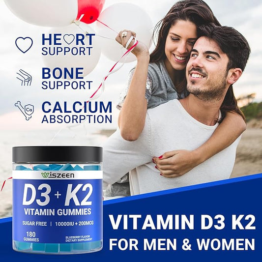 Sugar-Free Vitamin D3 K2 Gummies, Vitamin D3 10000iu & Vitamin K2(MK7) 200mcg with Calcium, Magnesium, Vitamin B12 for Bone Muscle Teeth Immune, Vegan