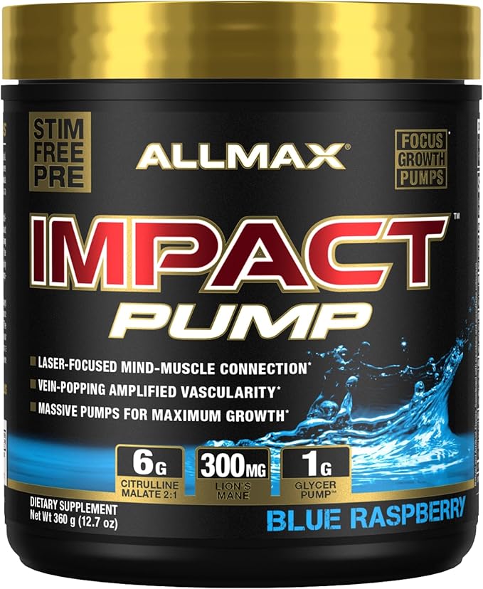 ALLMAX Impact Pump, Blue Raspberry - 360 g - Stim-Free Pre-Workout Formula - Boosts Pumps & Mind-Muscle Connection - with Citrulline Malate & Lion’s Mane - Up to 30 Servings