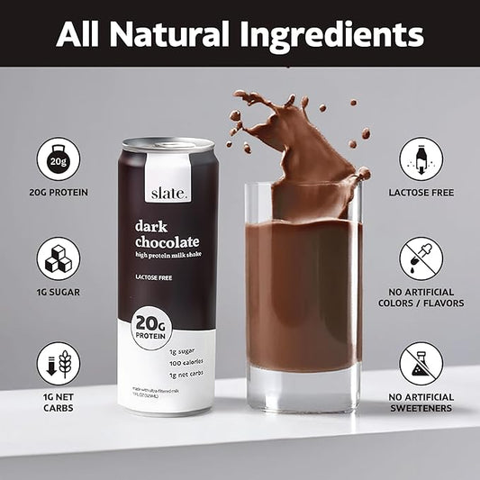 Slate Milk - High Protein Milk Shake - Dark Chocolate - Lactose Free, 20g Protein, 1g Sugar, 100 Calories, 1g Net Carbs, No Added Sugar - Natural, Breakfast Boost, Post Workout - 11 fl oz, 24 Cans